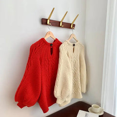 Korean Autumn Winter Twisted Knit Sweater with Lantern Sleeves