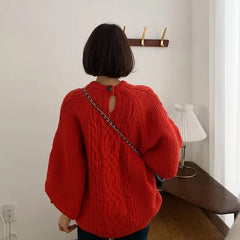 Korean Autumn Winter Twisted Knit Sweater with Lantern Sleeves