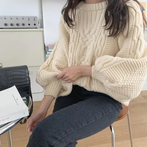 Korean Autumn Winter Twisted Knit Sweater with Lantern Sleeves
