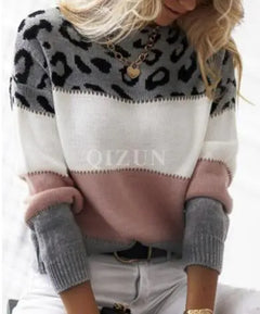Leopard Pattern Color Block Round Neck Casual Sweater