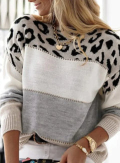Leopard Pattern Color Block Round Neck Casual Sweater