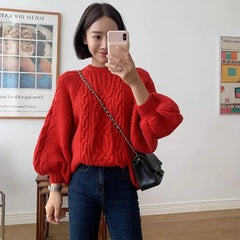 Korean Autumn Winter Twisted Knit Sweater with Lantern Sleeves