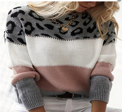 Leopard Pattern Color Block Round Neck Casual Sweater