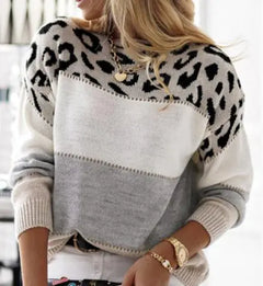 Leopard Pattern Color Block Round Neck Casual Sweater