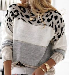 Leopard Pattern Color Block Round Neck Casual Sweater