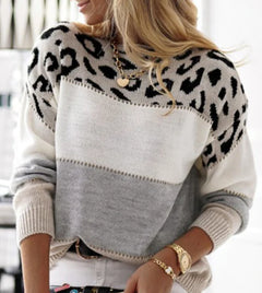 Leopard Pattern Color Block Round Neck Casual Sweater