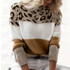 Leopard Pattern Color Block Round Neck Casual Sweater