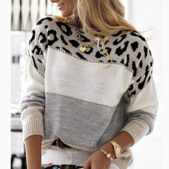 Leopard Pattern Color Block Round Neck Casual Sweater