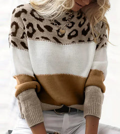 Leopard Pattern Color Block Round Neck Casual Sweater